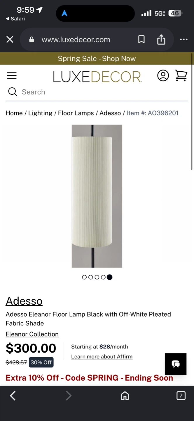 Adeso Eleanor Floor Lamp - Black w/ Off-White Pleated Shade - photo 4