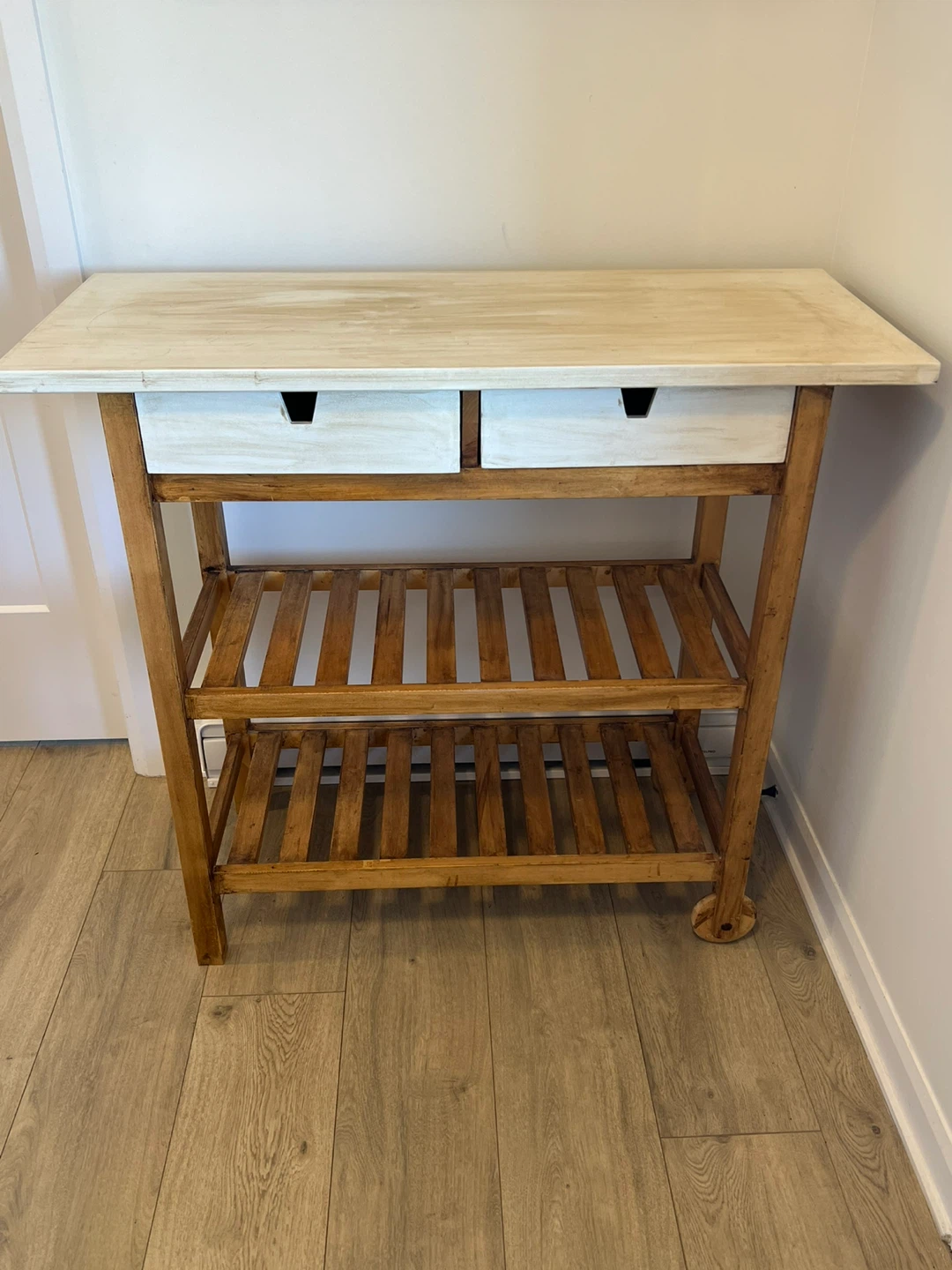 Wooden IKEA Kitchen Cart with Two Drawers and Shelves
