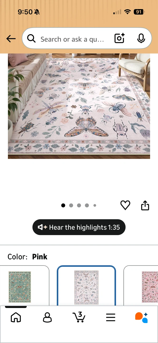 Pink Rug with Butterfly and Insect Print