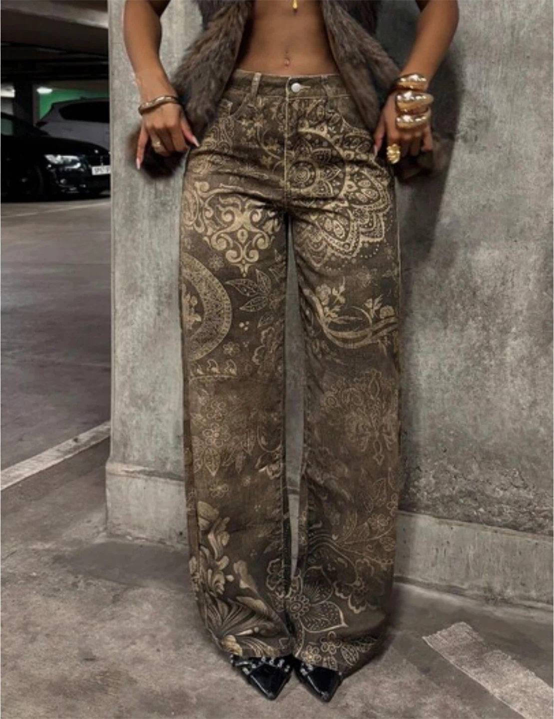 Wide Leg Jeans with Ornate Floral Print