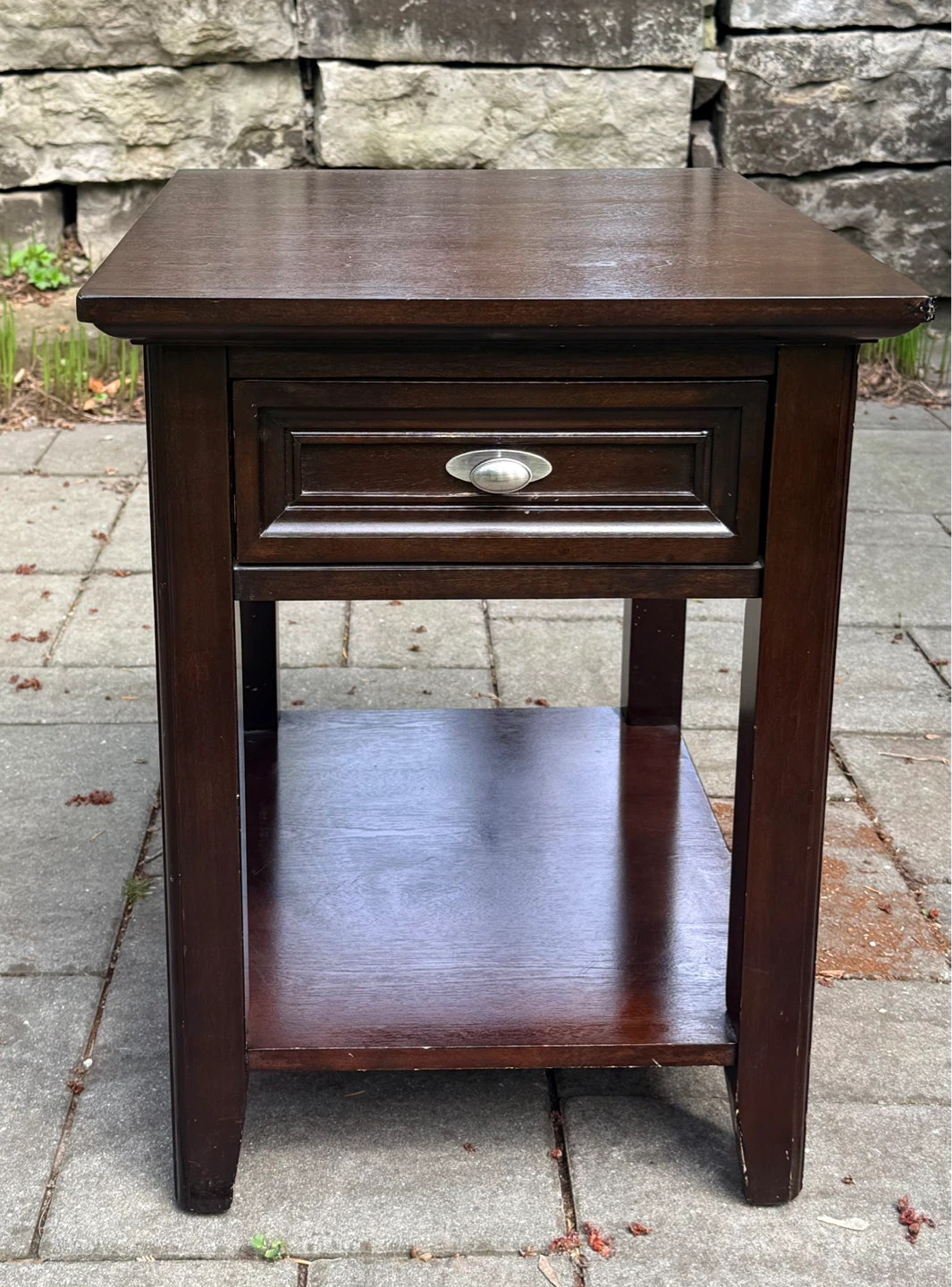 Dark Brown End Table with Drawer and Shelf