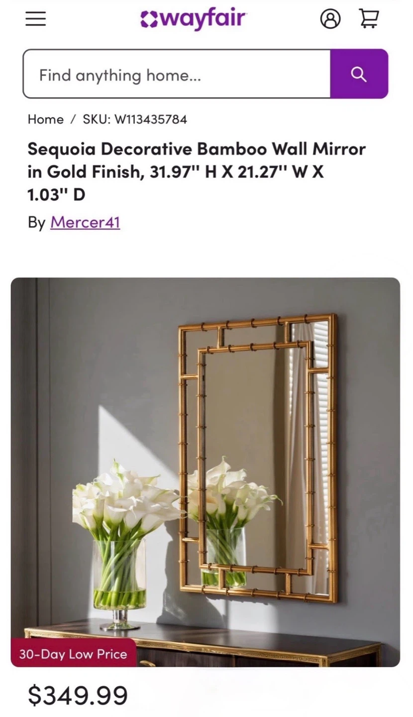 New Bamboo Japandi Asian Inspired Gold Accent Wall Mirror - photo 2