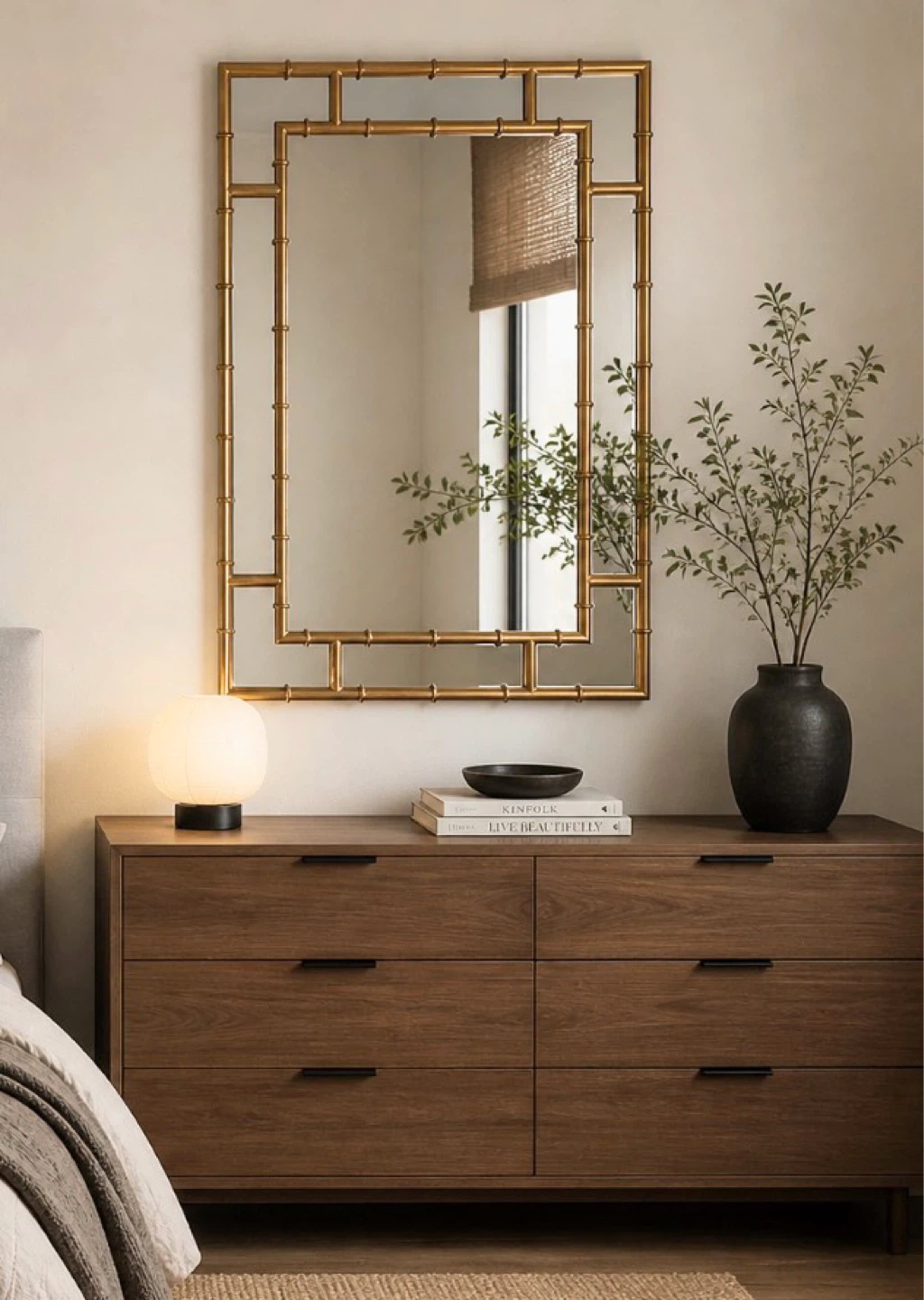 New Bamboo Japandi Asian Inspired Gold Accent Wall Mirror - photo 4