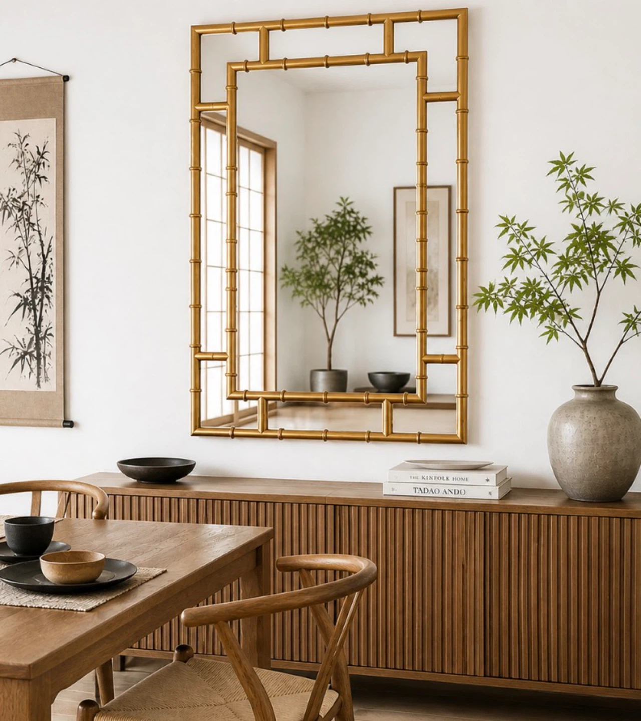 New Bamboo Japandi Asian Inspired Gold Accent Wall Mirror