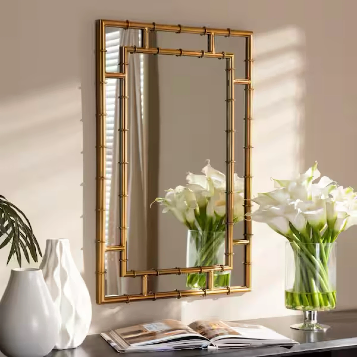 New Bamboo Japandi Asian Inspired Gold Accent Wall Mirror - photo 5