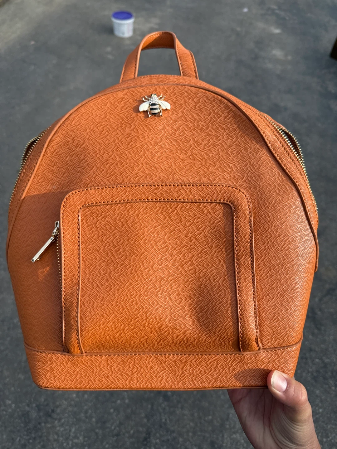 Orange Faux Leather Backpack with Bee Embellishment