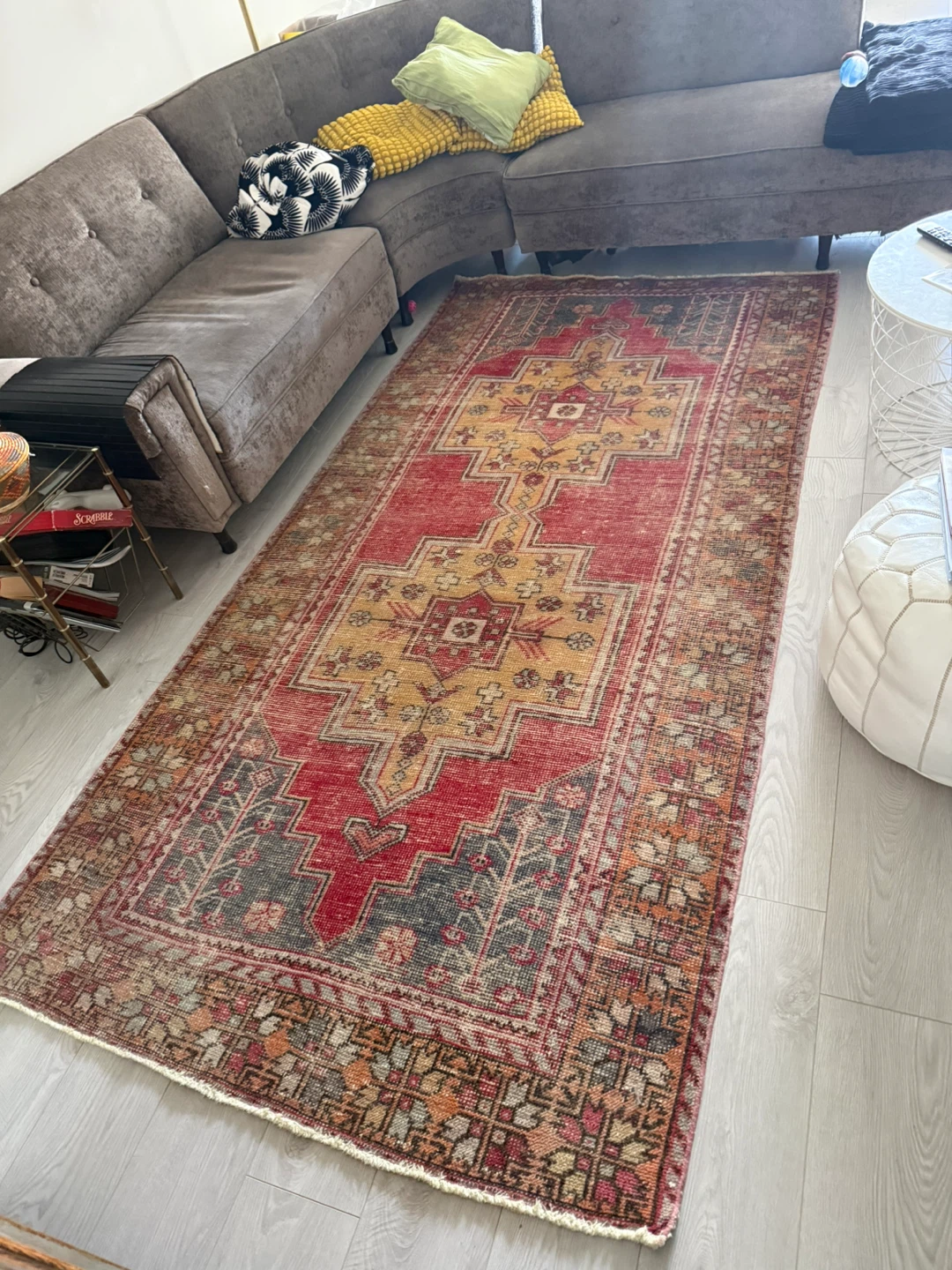 Vintage Turkish  Area Rug - Red & Yellow Geometric Pattern