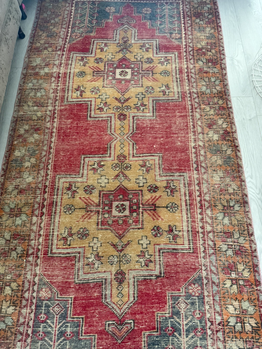 Vintage Turkish  Area Rug - Red & Yellow Geometric Pattern - photo 3