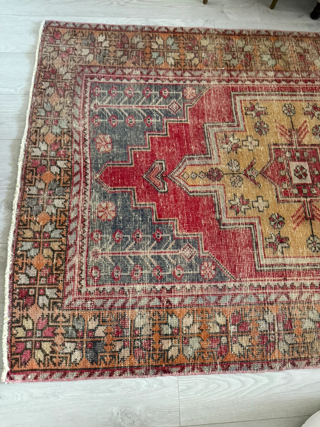 Vintage Turkish  Area Rug - Red & Yellow Geometric Pattern - photo 2