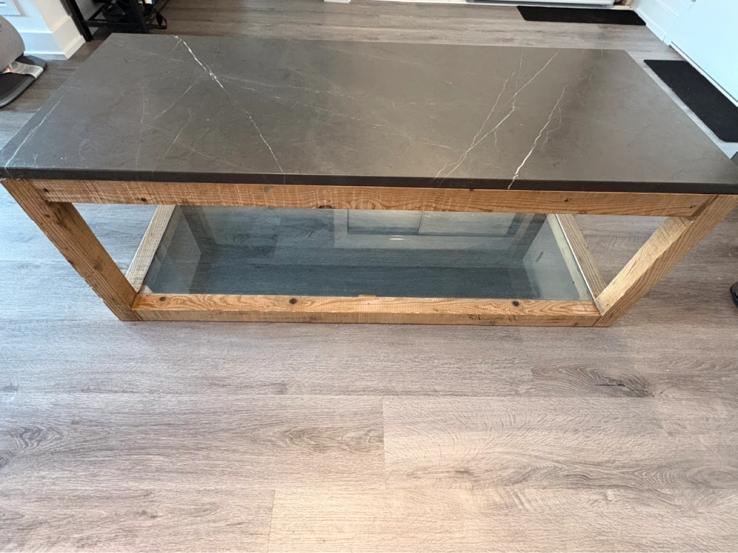 Modern Coffee Table with Stone Top and Wood Base