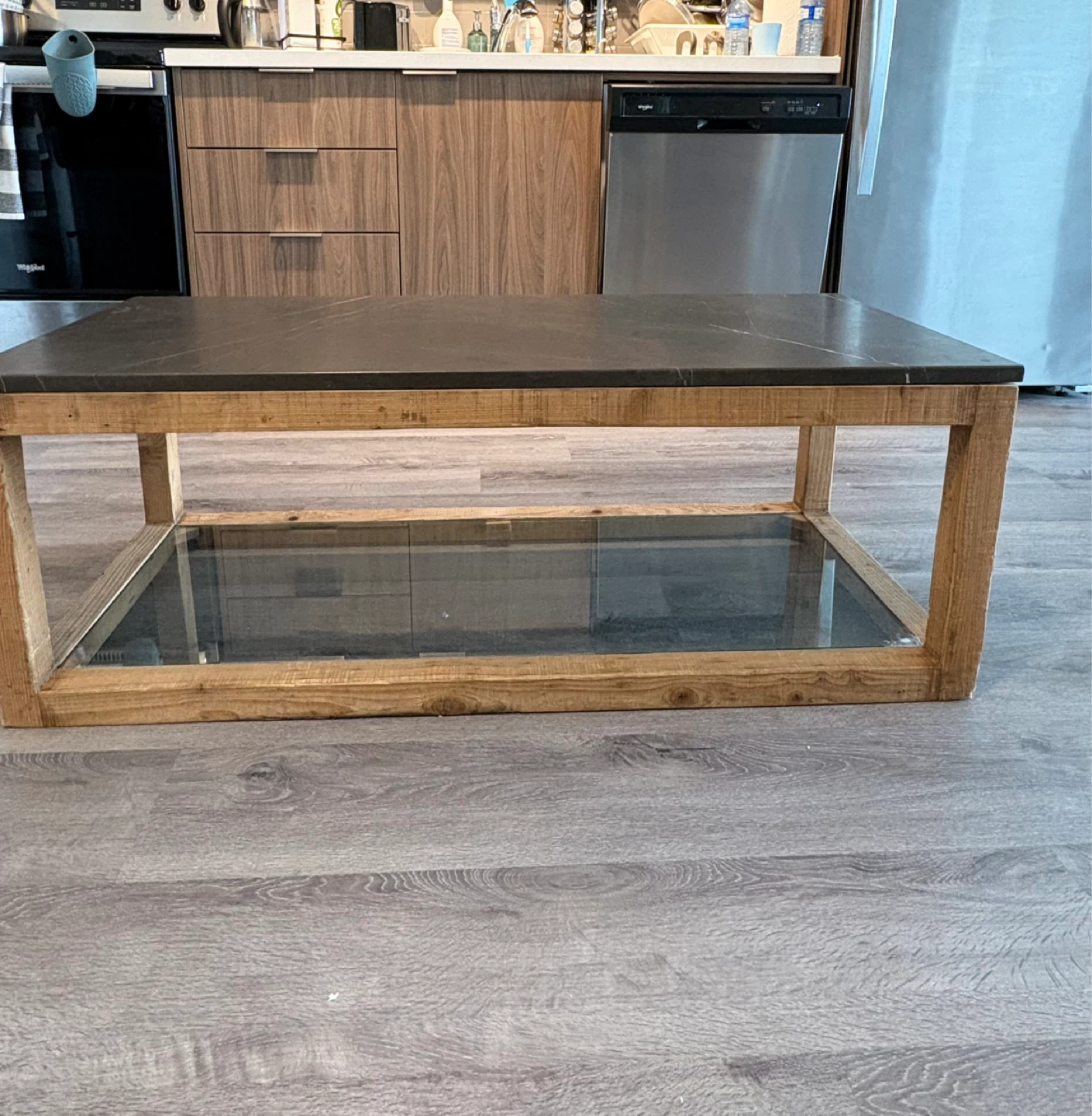 Modern Coffee Table with Stone Top and Wood Base - photo 2