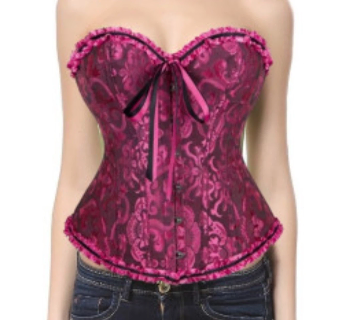 Pink Brocade Corset with Black & Pink Ribbon