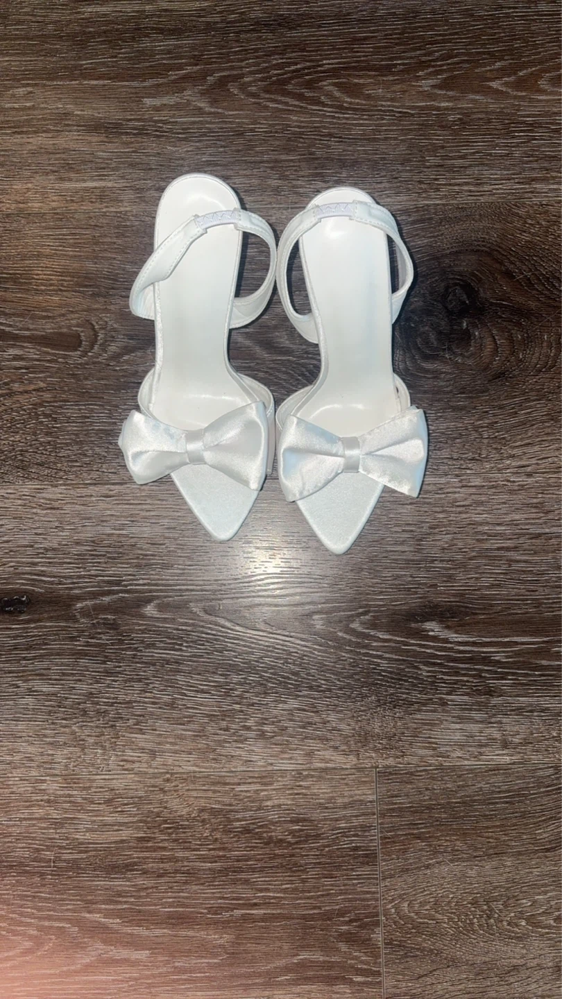 White satin bow heels