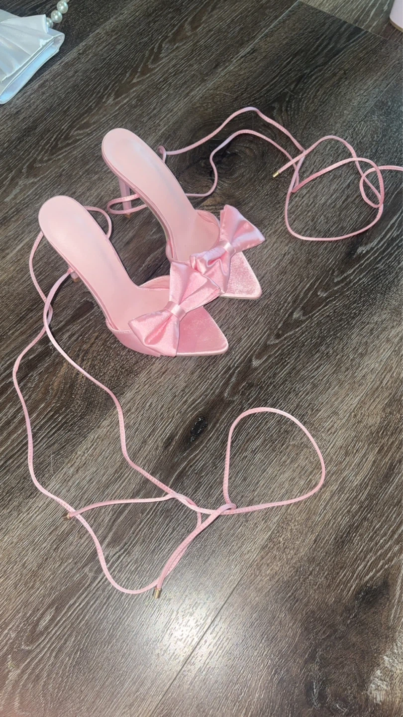 Pink Bow Heels with Lace-Up Straps