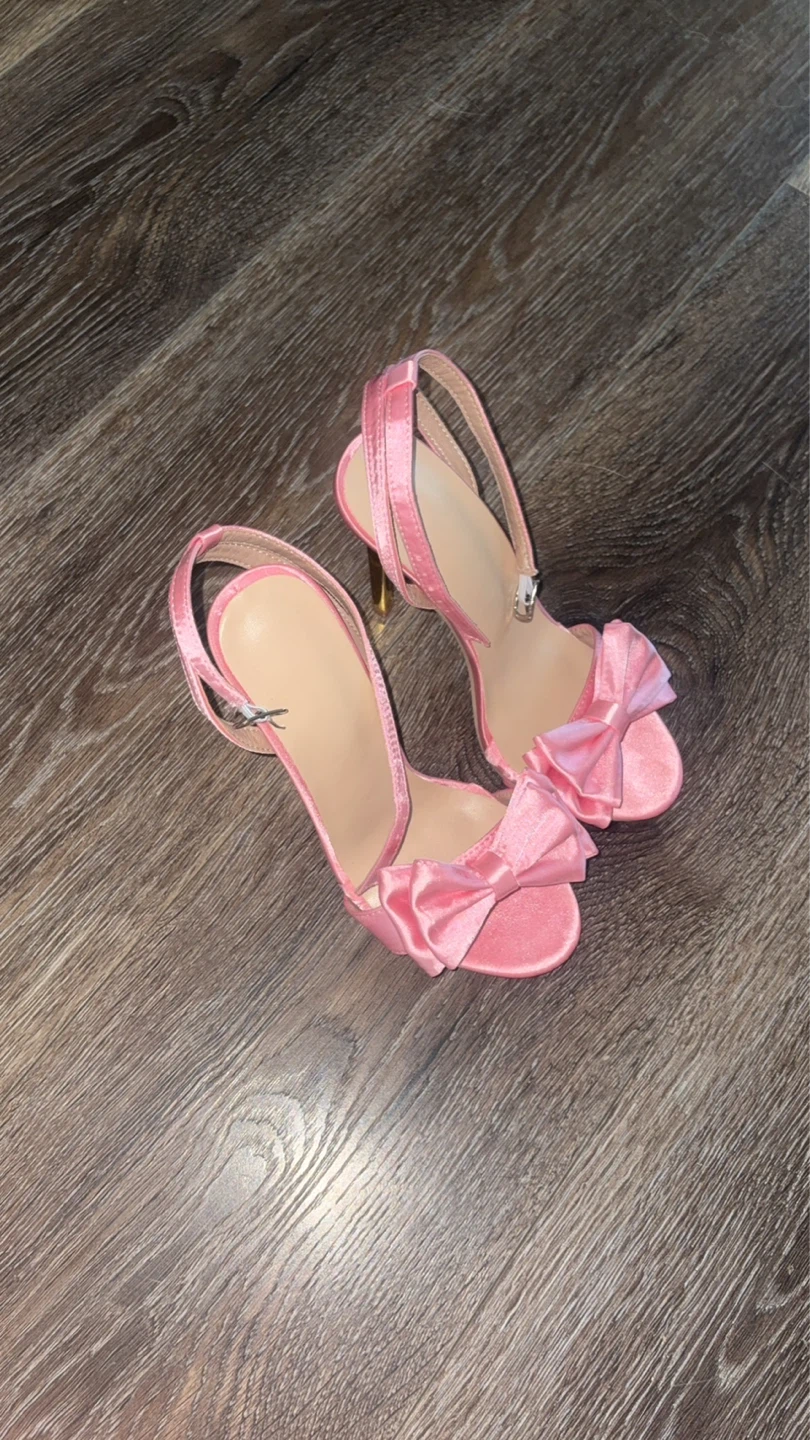 Pink Satin Bow Heeled Sandals