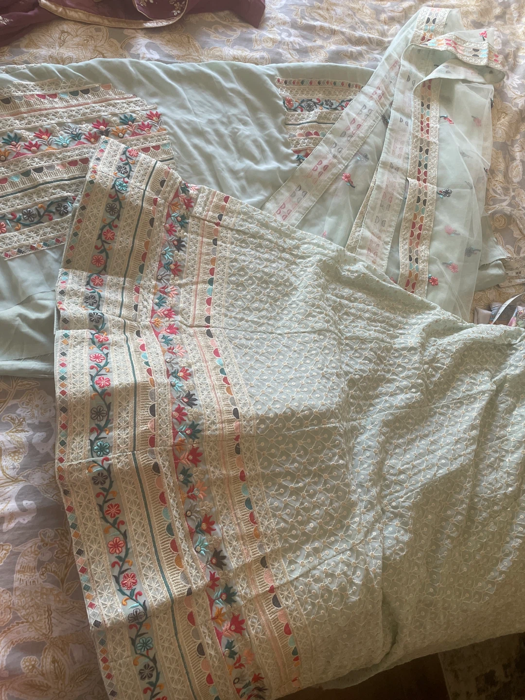 Embroidered unstitched lengha- Mint Green