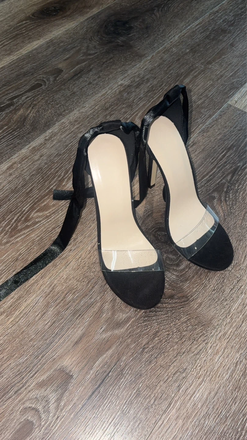 Black Suede Heels with Clear Strap and Tie-Up