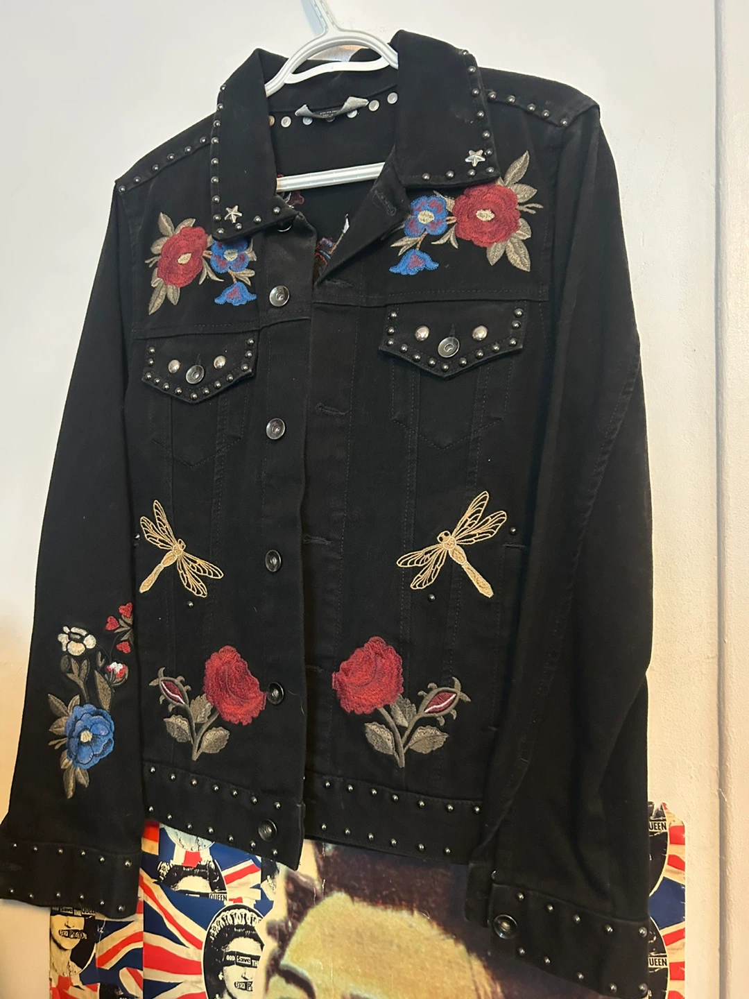 Black Denim Jacket with Floral & Dragonfly Embroidery - Size S
