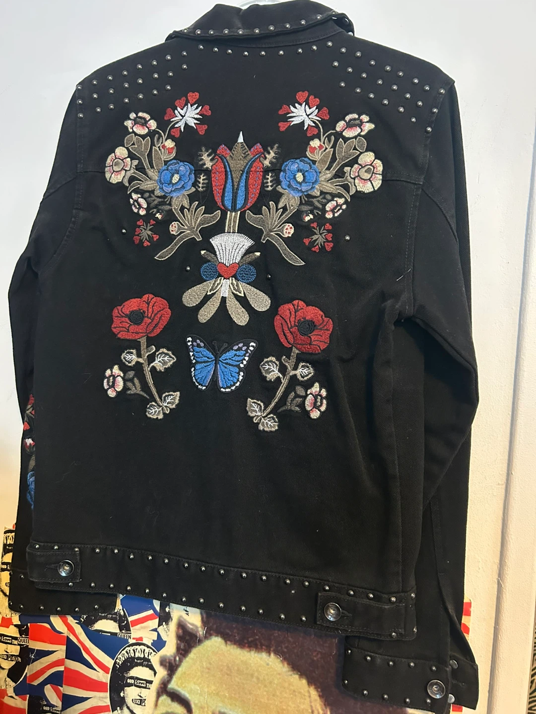 Black Denim Jacket with Floral & Dragonfly Embroidery - Size S - photo 2