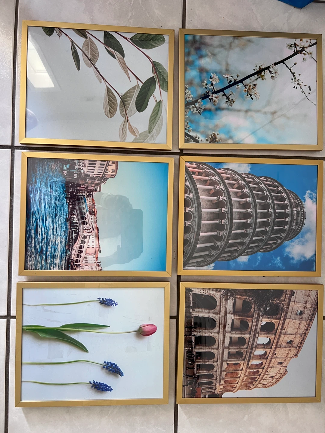 Set of 6 Gold Picture Frames with Artwork