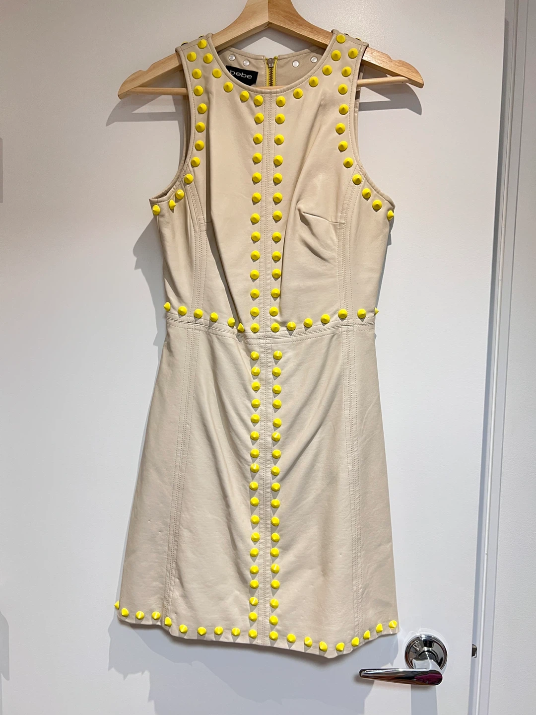 Bebe Beige & Yellow Studded Sleeveless Mini Dress