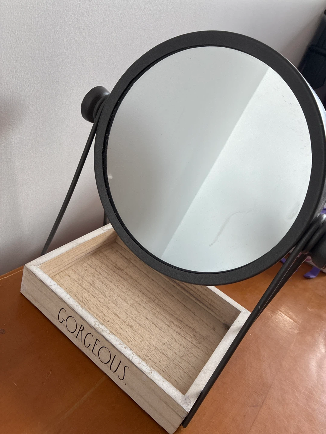 Black Metal Vanity Mirror with Wooden Tray