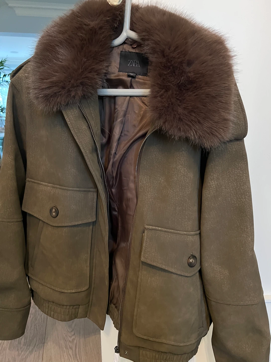 ZARA Olive Green Bomber Jacket with Fur Collar - Size L