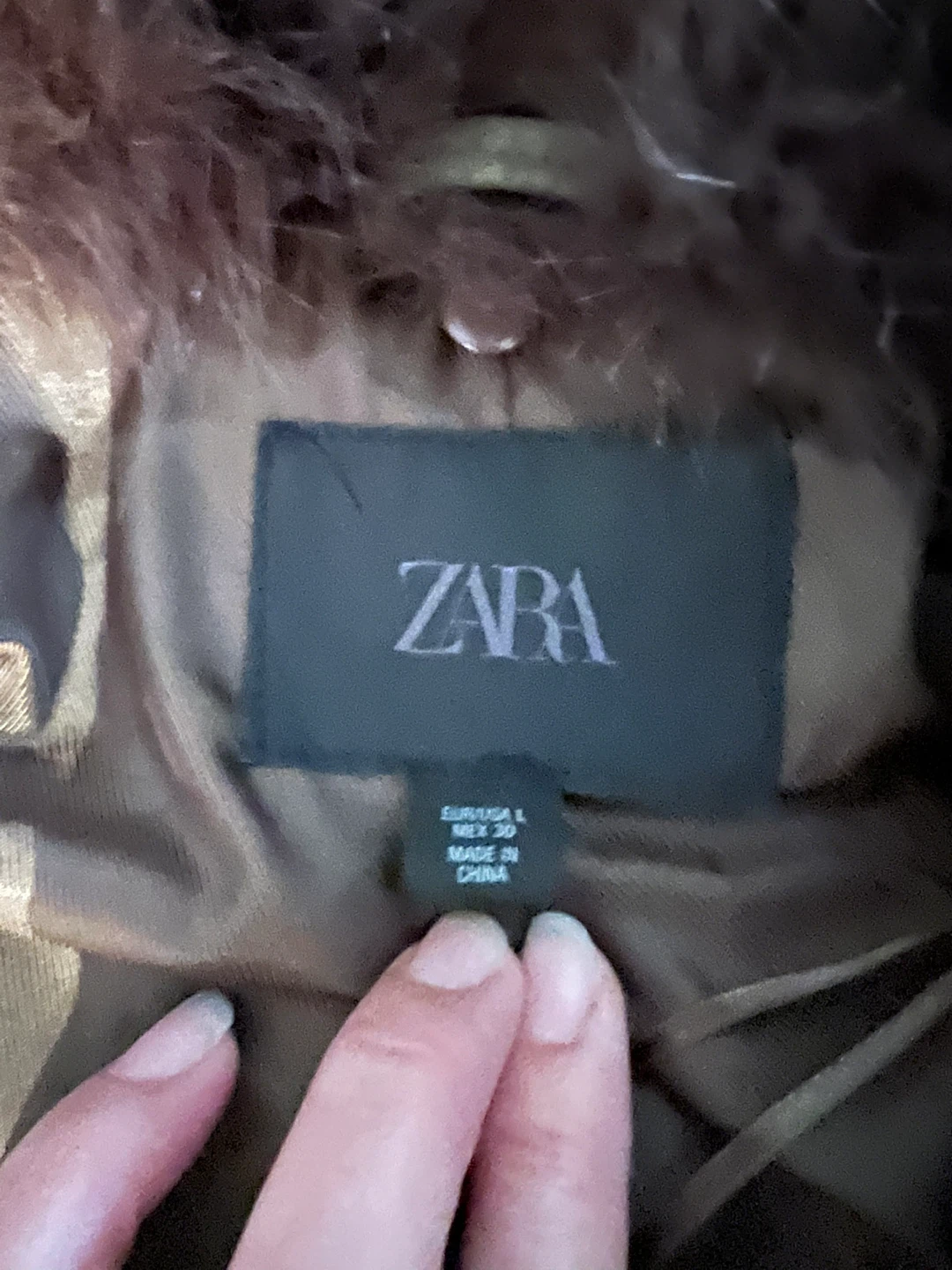 ZARA Olive Green Bomber Jacket with Fur Collar - Size L - photo 2
