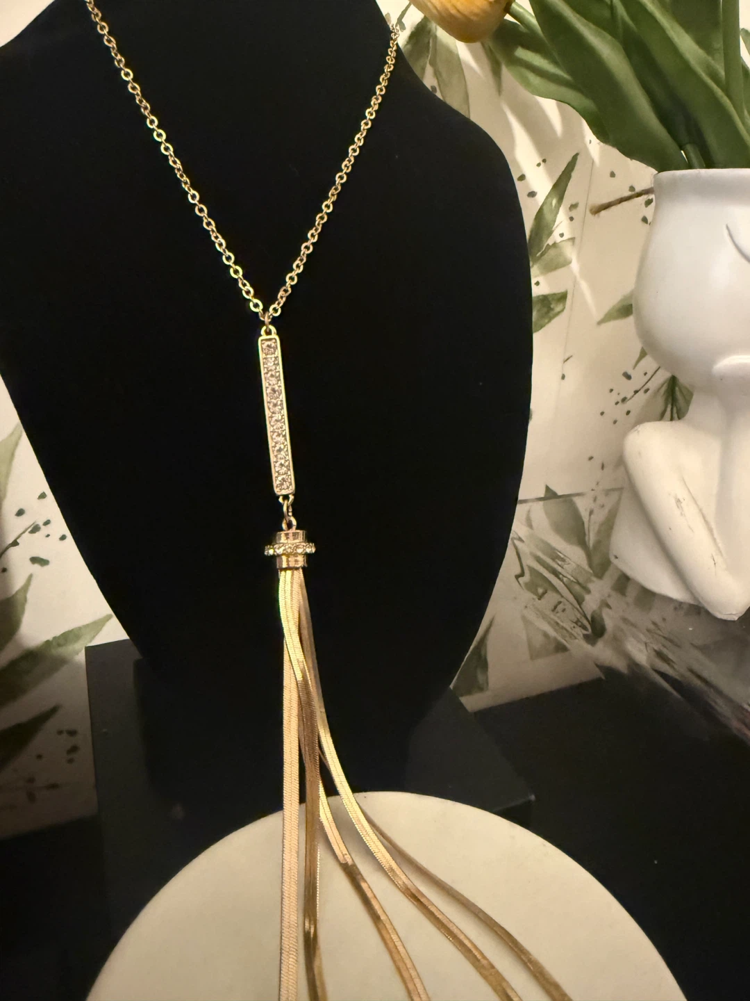 Gold Tassel Bar Necklace with Rhinestones