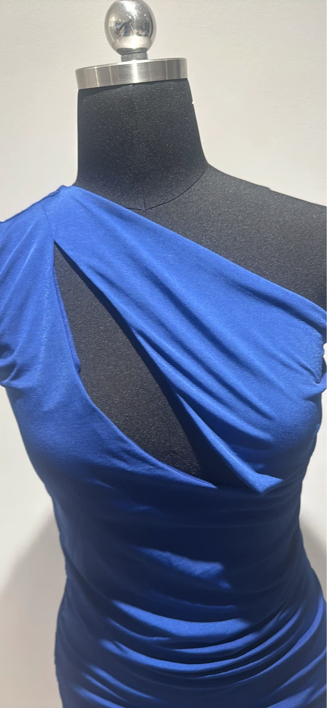 Blue One-Shoulder Ruched Midi Dress