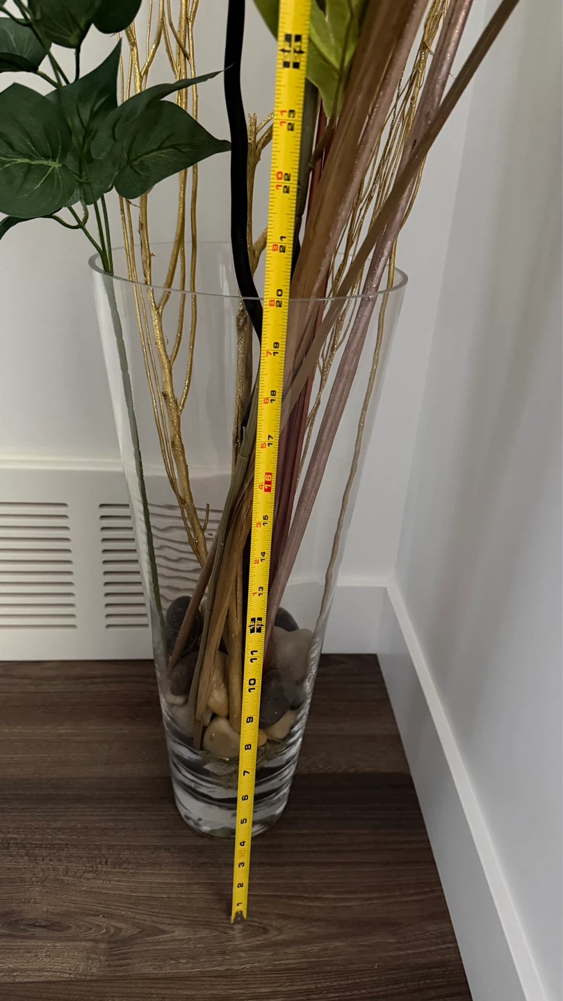 Tall Glass Vase with Decorative Branches and Stones