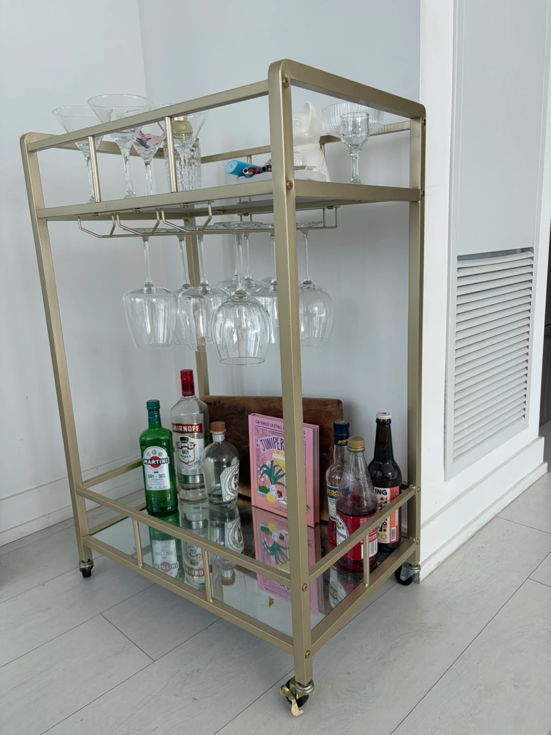 Gold Metal Bar Cart with Glass Shelves & wine rack - photo 2