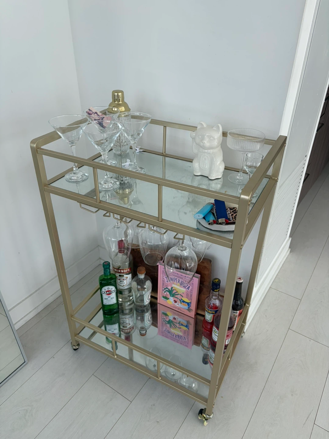 Gold Metal Bar Cart with Glass Shelves & wine rack