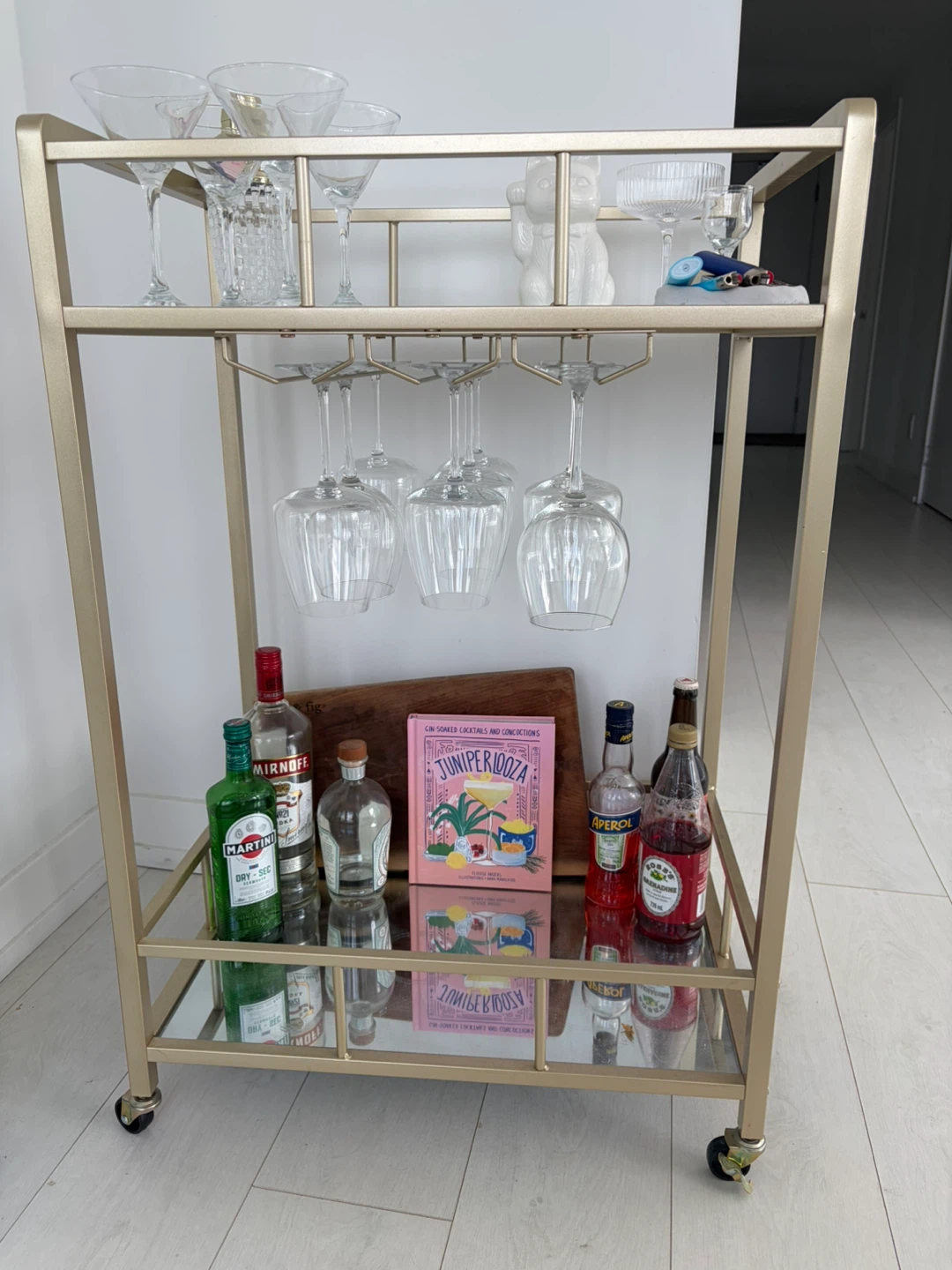 Gold Metal Bar Cart with Glass Shelves & wine rack - photo 3