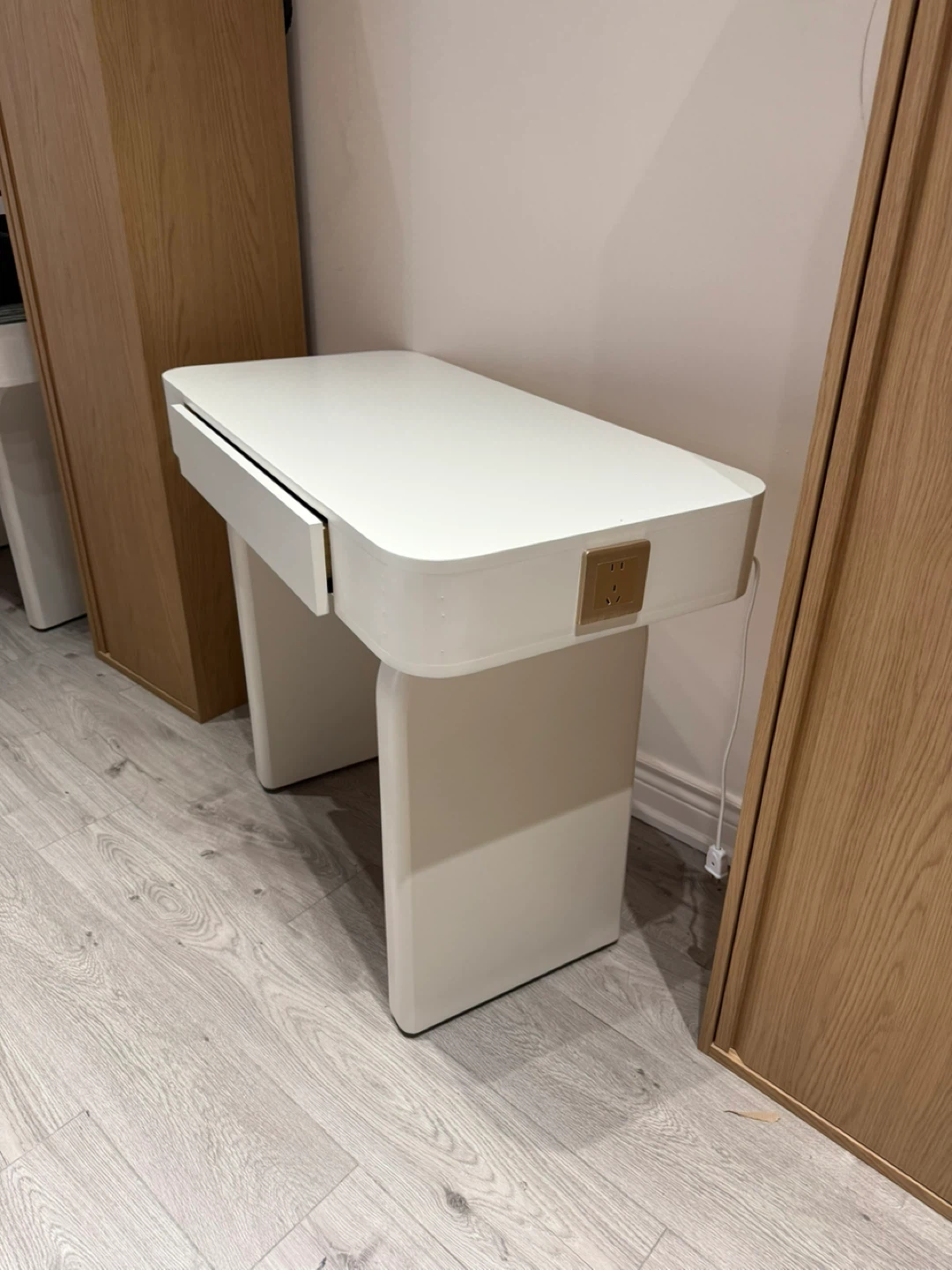 White Vanity Desk with Drawer and Integrated Power Outlet