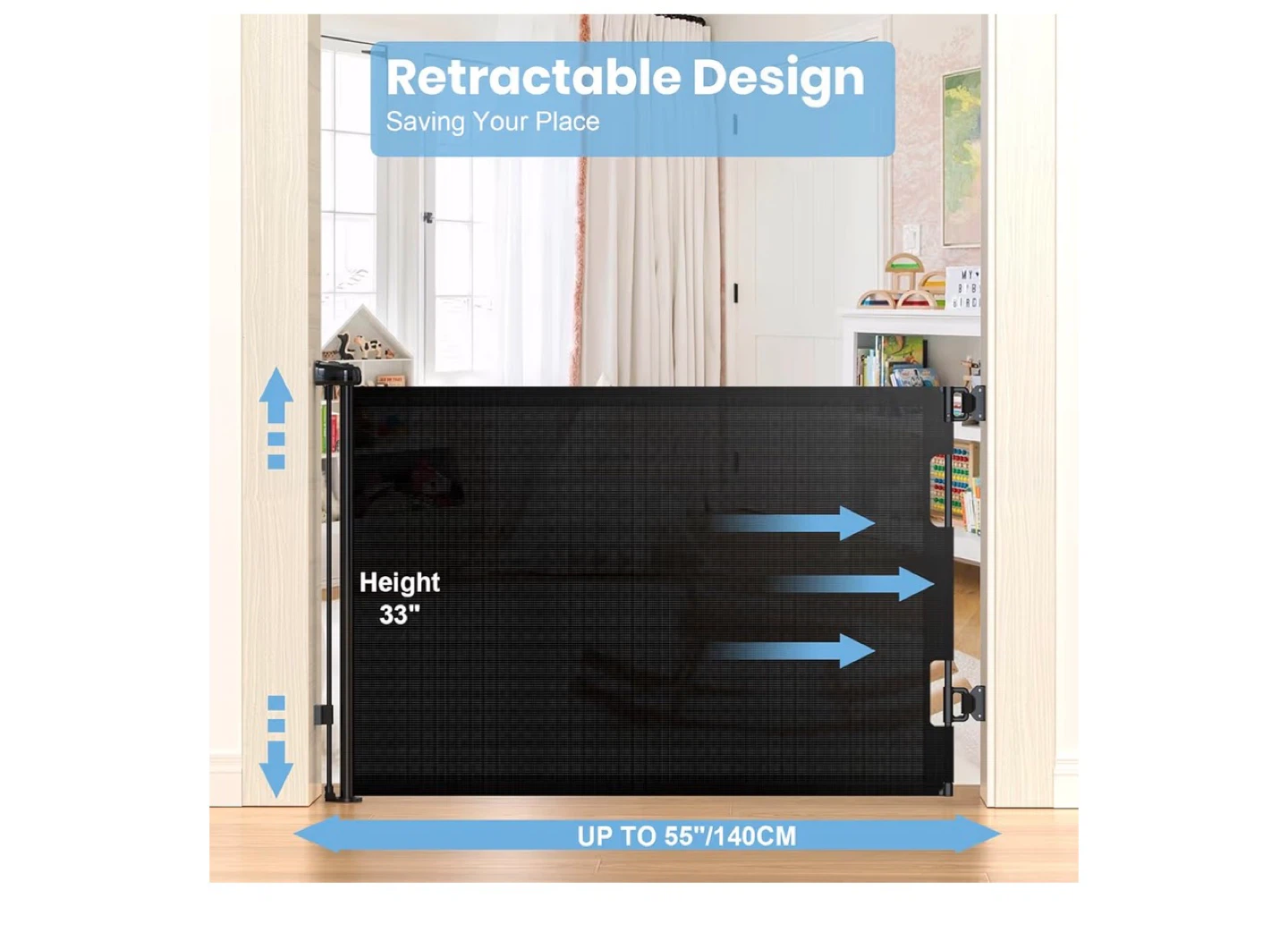Retractable Baby Safety Gate Mesh Black 33" H x 55" W