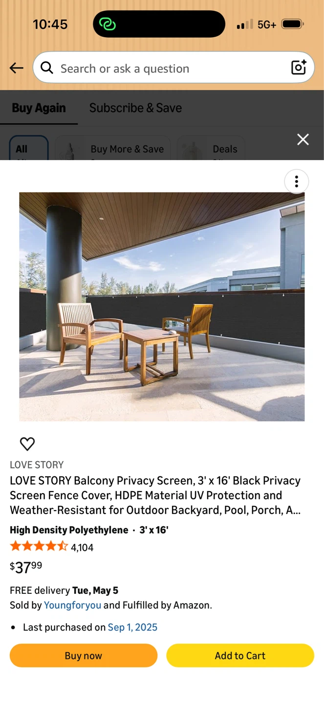 LOVE STORY Balcony Privacy Screen - 3' x 16' Black
