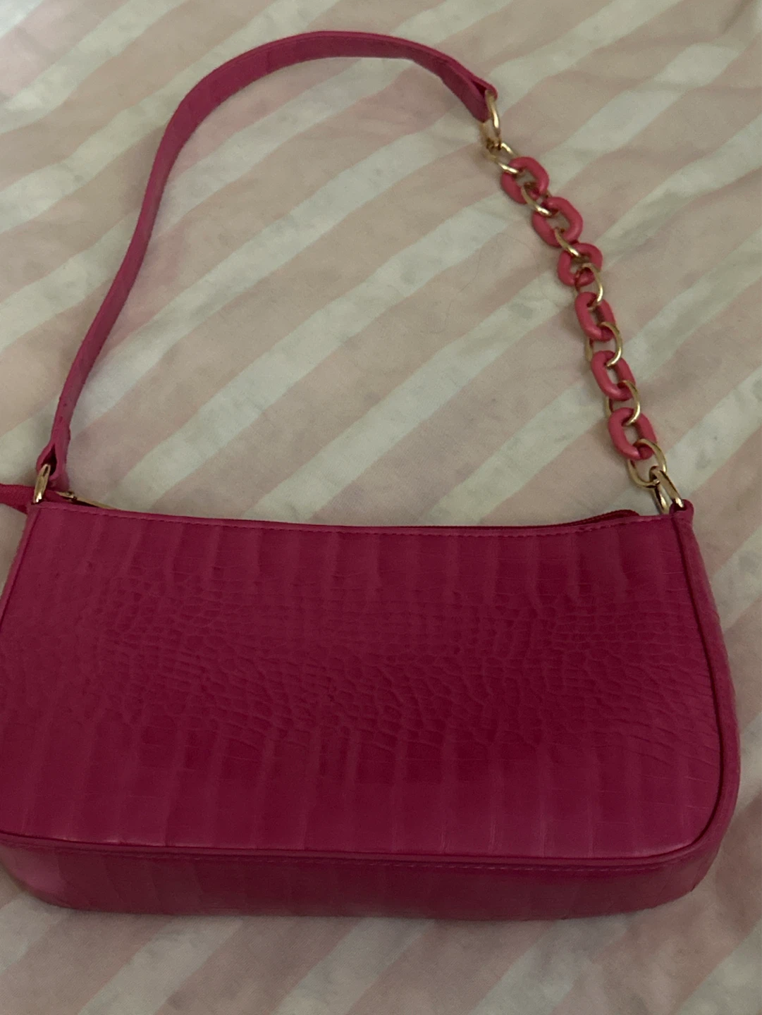 Hot Pink Crocodile Embossed Shoulder Bag with Chain Detail