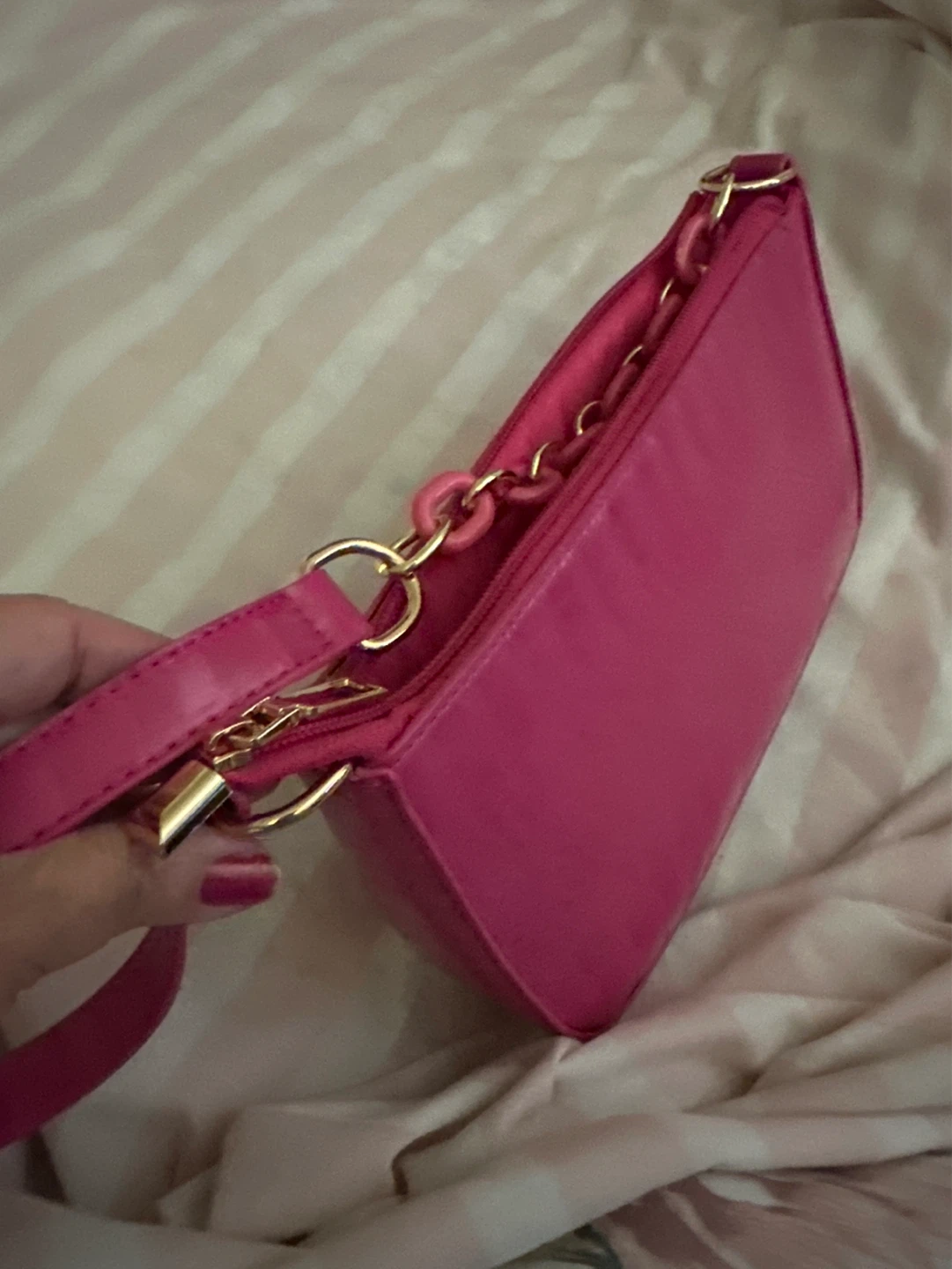 Hot Pink Crocodile Embossed Shoulder Bag with Chain Detail - photo 3