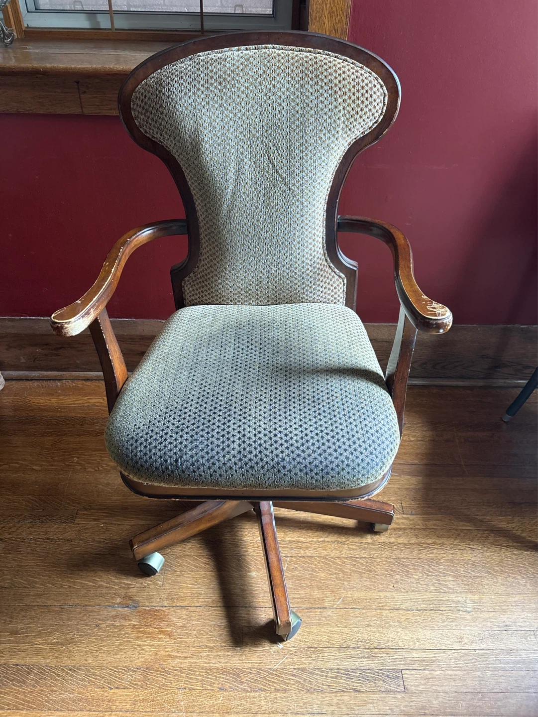 Wooden office chair with patterned upholstery