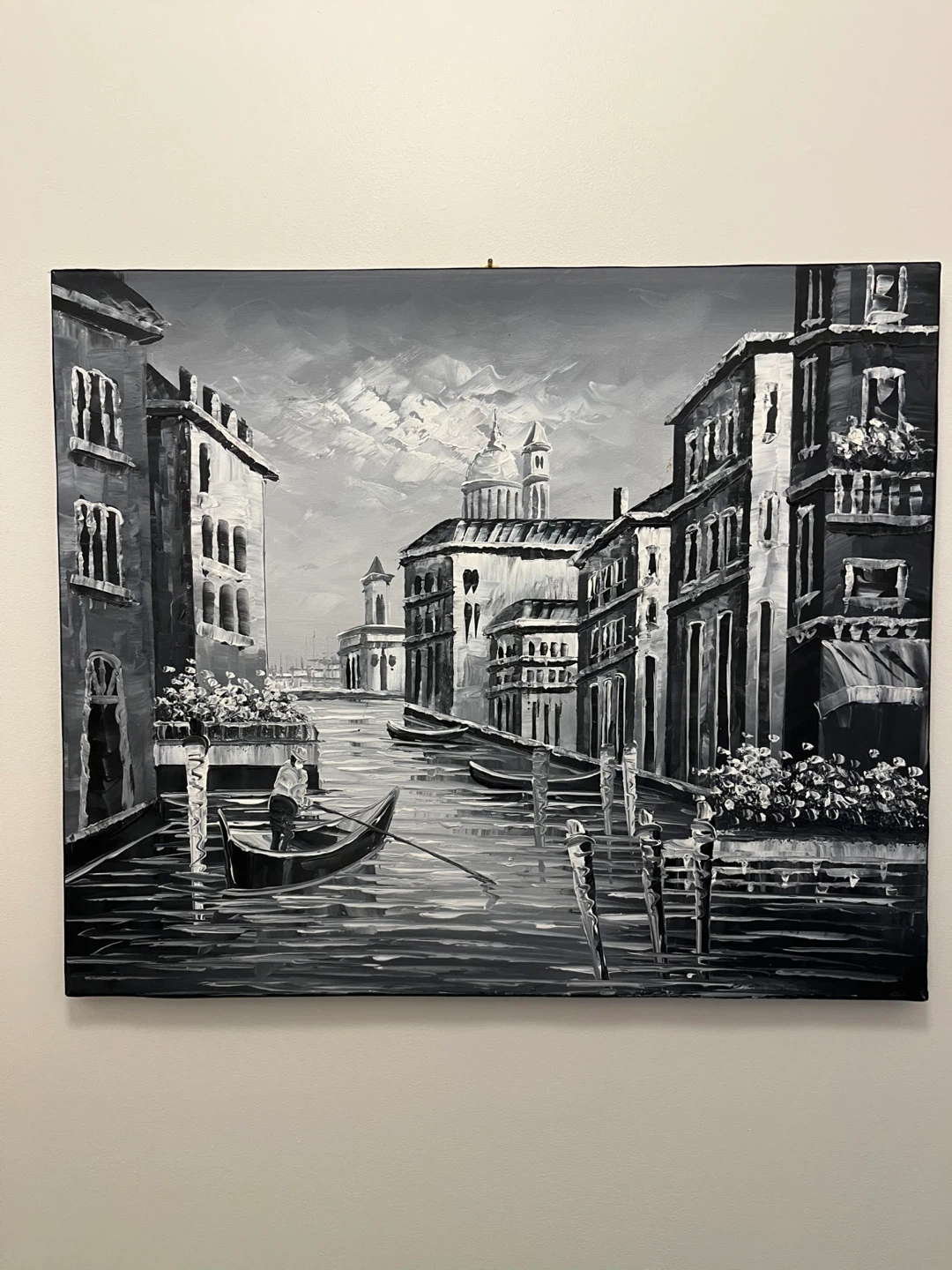 Black and White Oil Painting of Venice Canal Scene