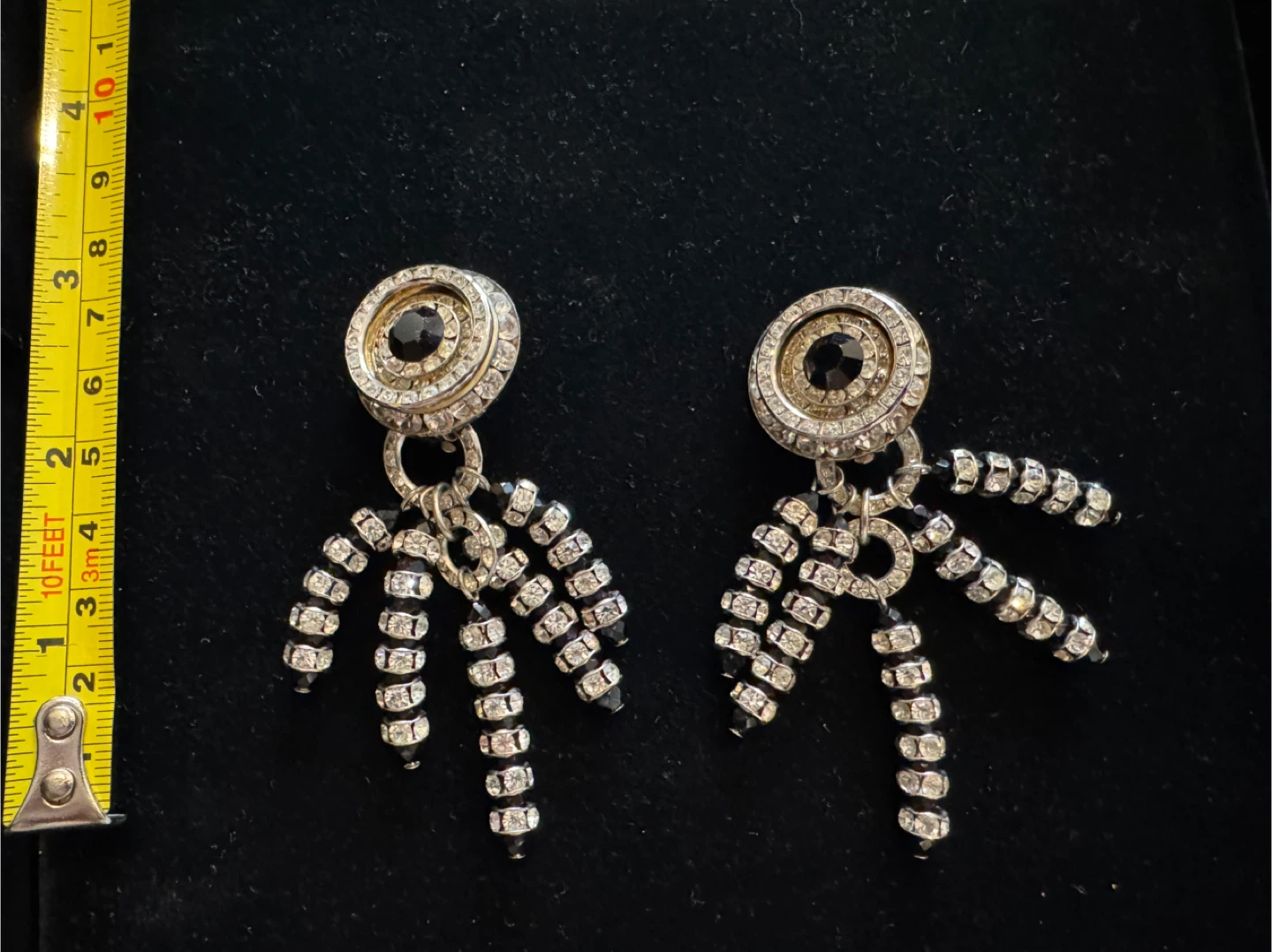 Vintage Rhinestone and Black Stone Tassel Earrings