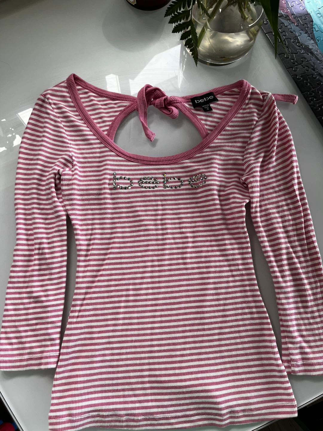 Bebe Pink & White Striped Rhinestone Logo Top