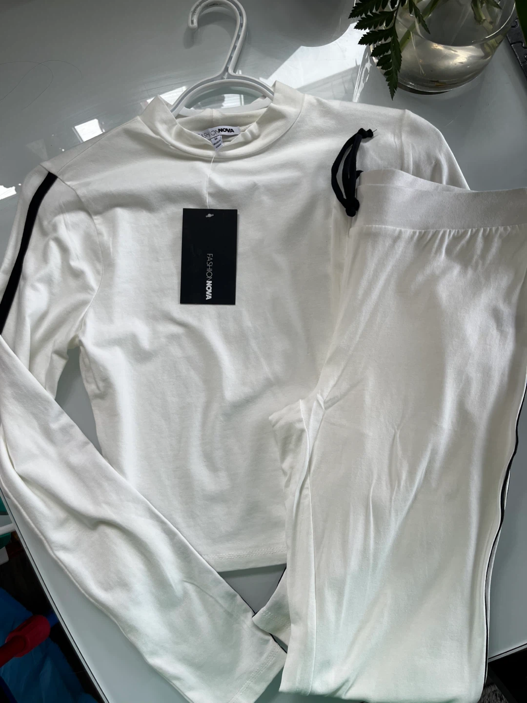 Fashion Nova White Long Sleeve Top and Pants Set