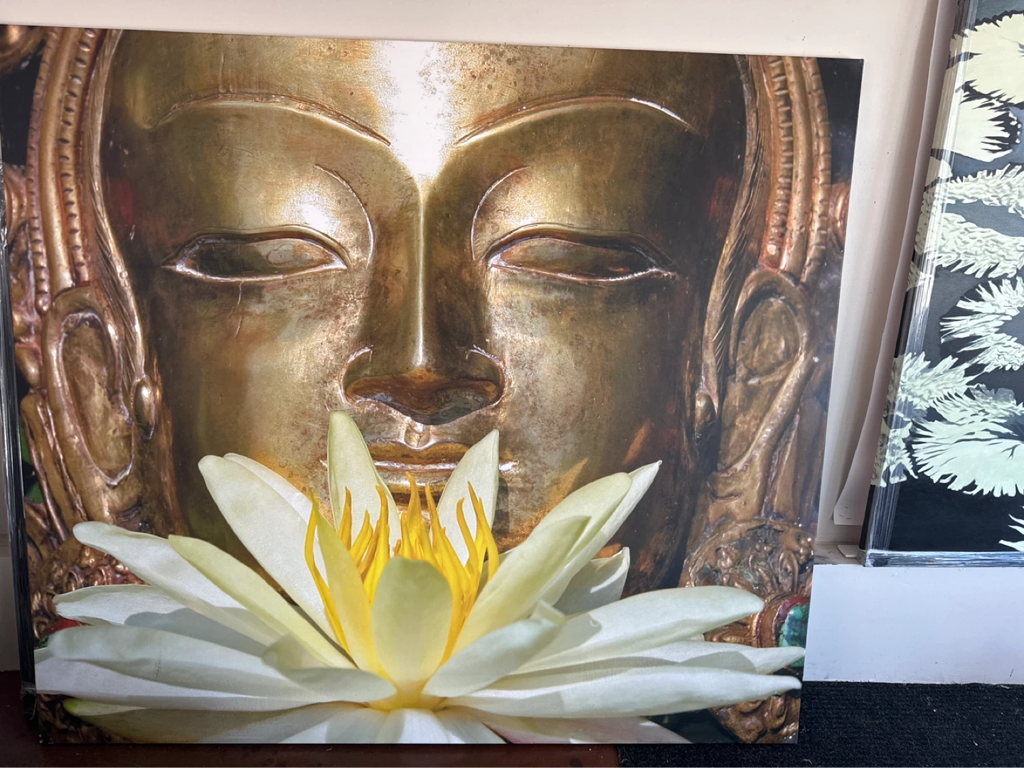 Golden Buddha Face Canvas Wall Art with Lotus Flower