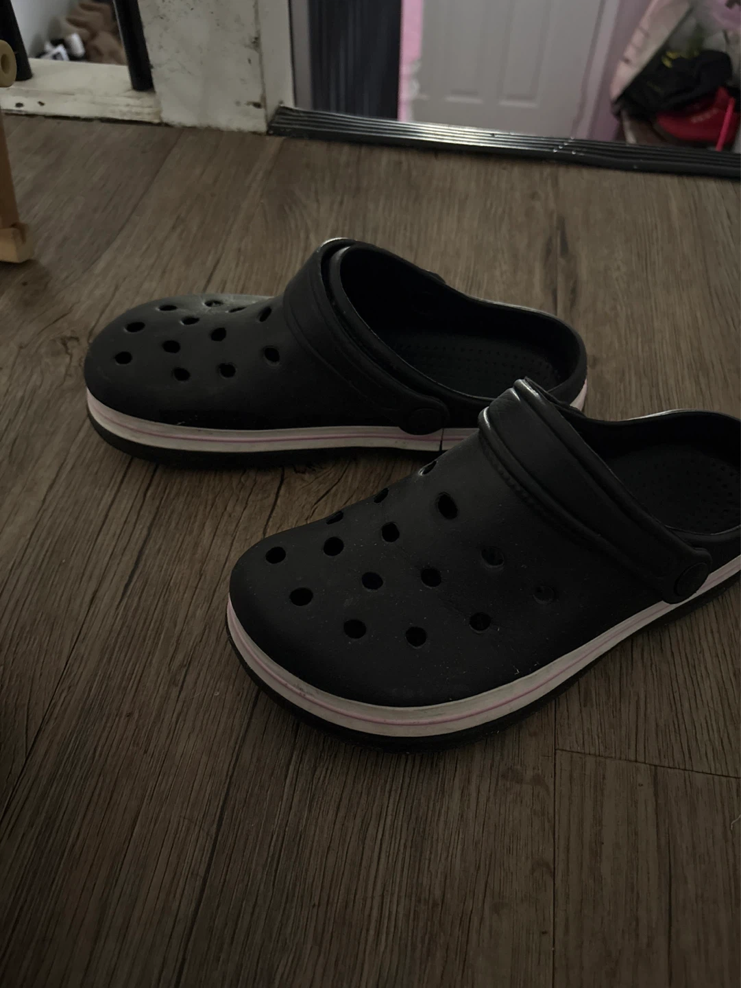 Black Crocs with pink and white stripe - photo 2
