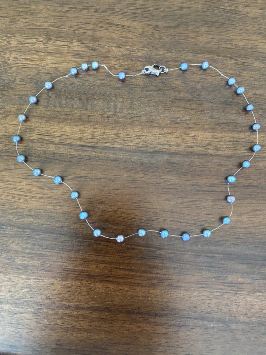 Blue black Pearl Necklace on Clear String