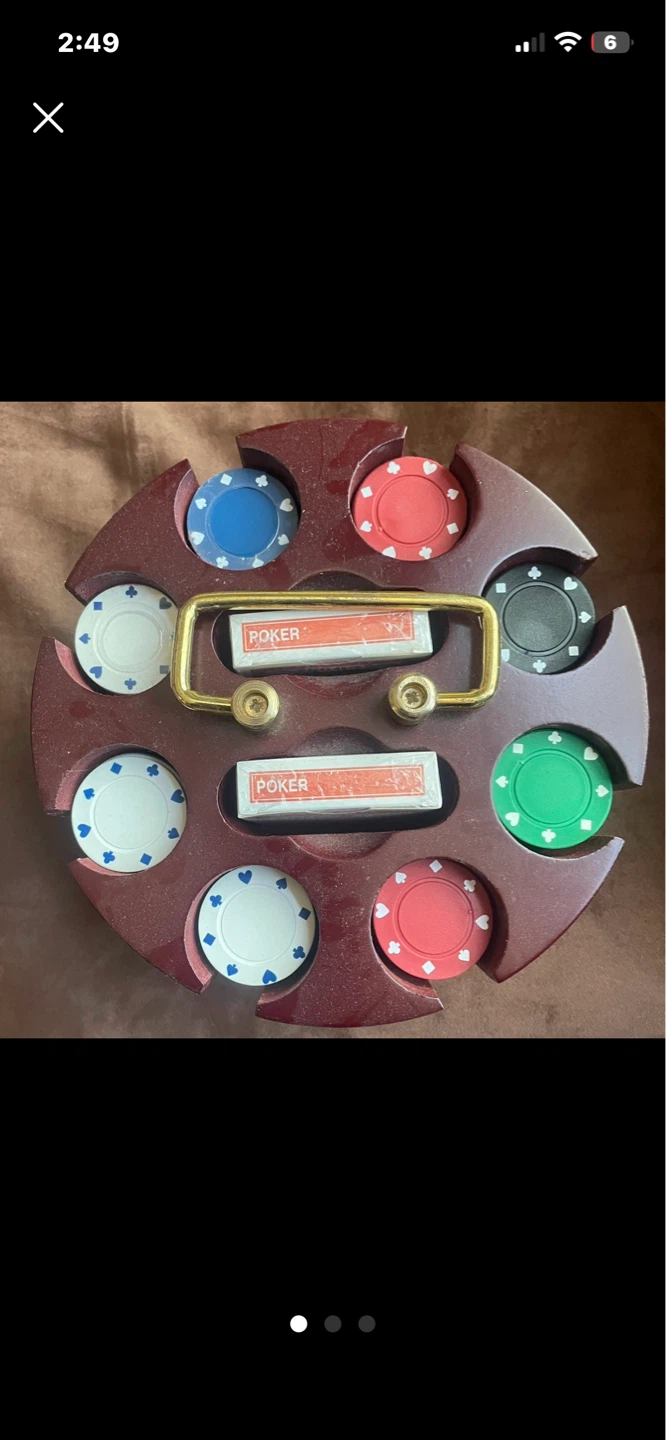Vintage Wooden Poker Chip Holder with Poker Cards