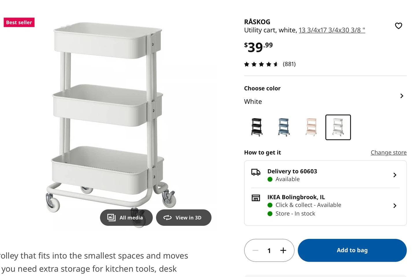 IKEA RÅSKOG Utility Cart - White