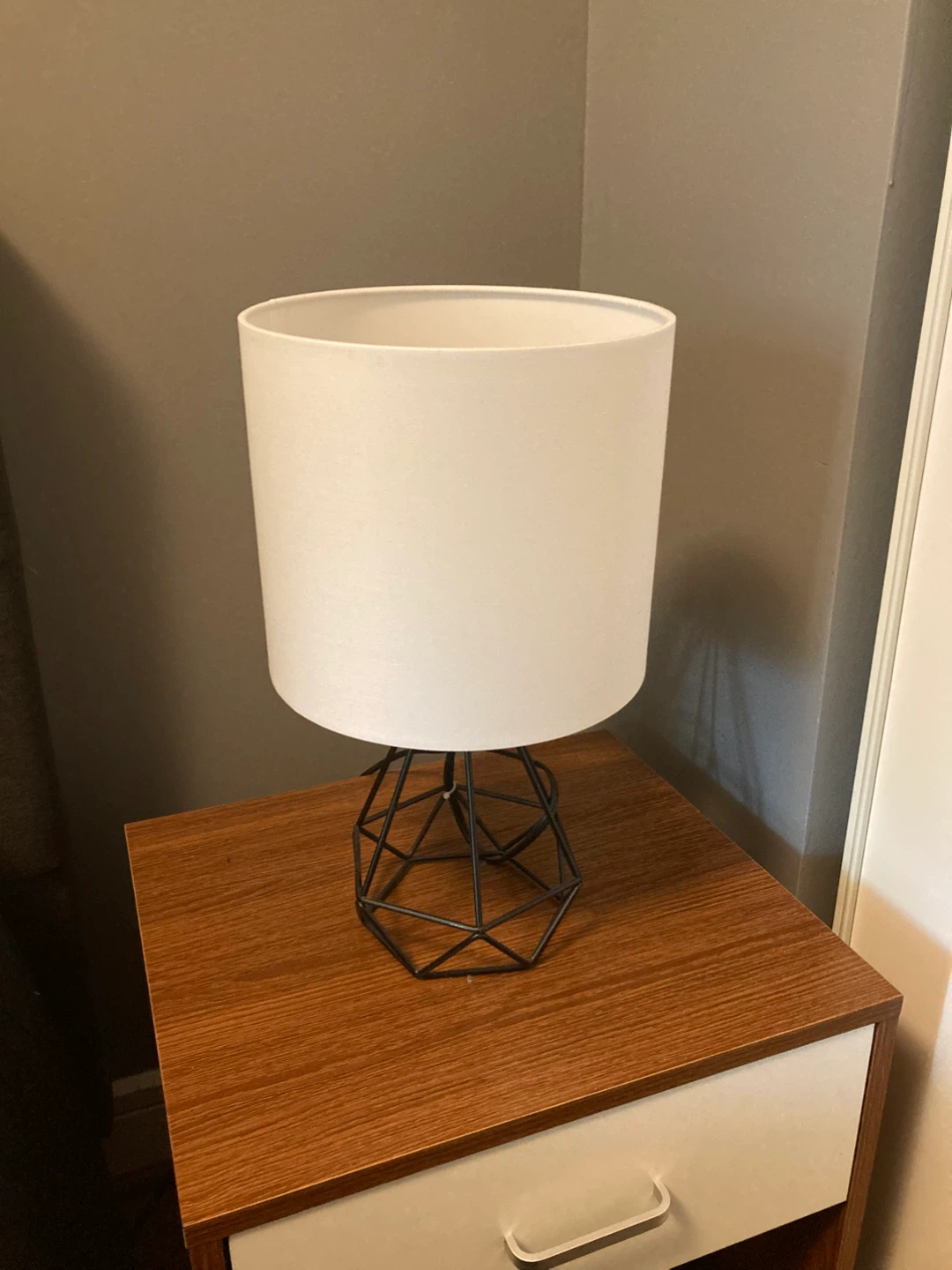 Geometric Metal Base Table Lamp with White Drum Shade x2